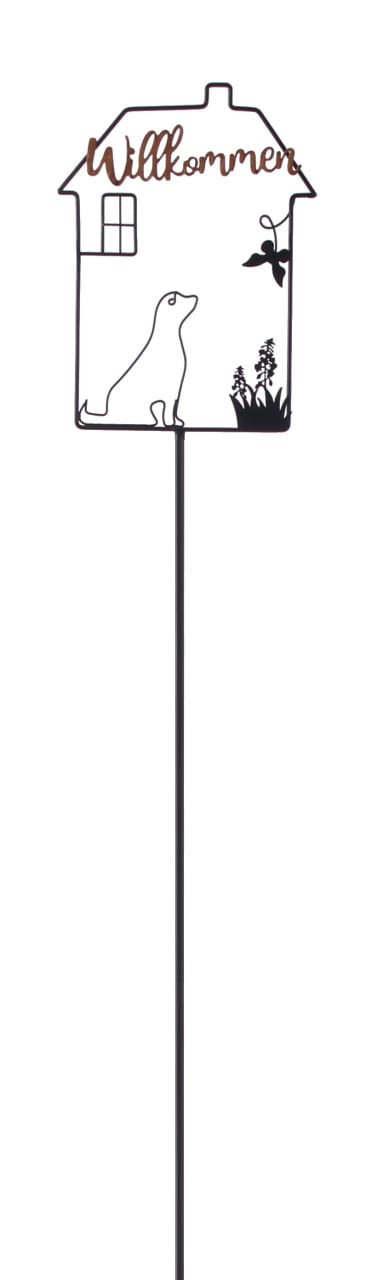 TrendLine Gartenstecker Haus Willkommen Hund Metall 115 x 18 cm schwarz