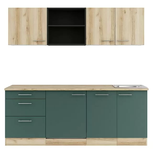 Optifit Küchenzeile Livorno 290/Savona 405 ohne Geräte wildeiche/steingrün 210 cm
