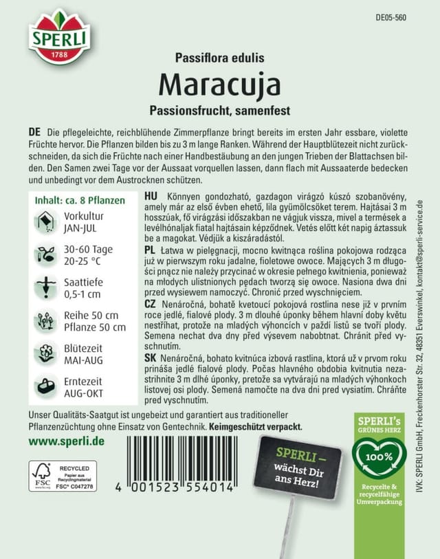 Sperli Saatgut Maracuja Passionsfrucht für ca. 8 Pflanzen