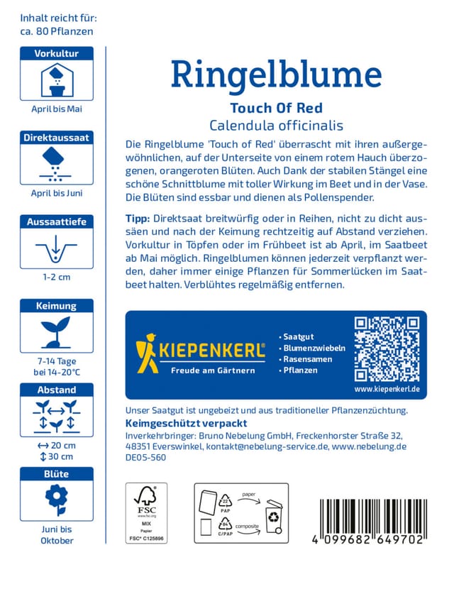 Kiepenkerl Profi-Line Blumensamen Ringelblumen Touch Of Red für ca. 80 Pflanzen