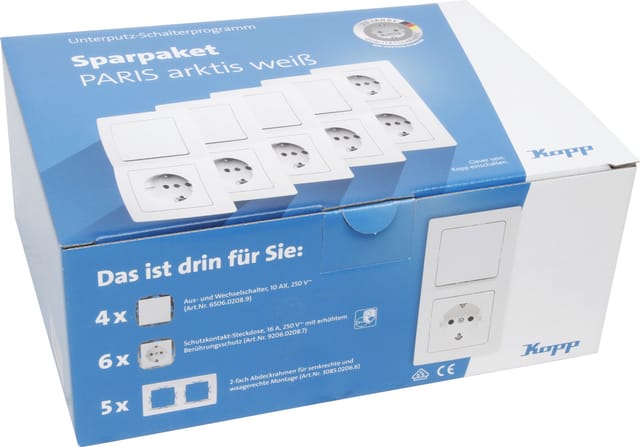 Kopp Schalter- Rahmen- & Steckdosen-Set Paris Sparpaket arktikweiß 15 Stück 990065007