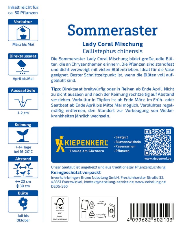 Kiepenkerl Profi-Line Blumensamen Sommeraster Lady Carol Mischung für ca. 50 Pflanzen