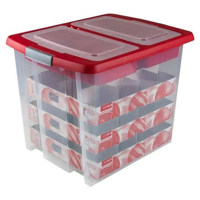 Sunware Weihnachtsbox Nesta 45L mit Einsatz für 48 Kugeln transparent rot