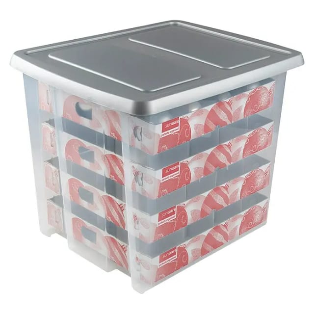 Sunware Weihnachtsbox Nesta 45L mit Einsatz für 64 Kugeln transparent grau