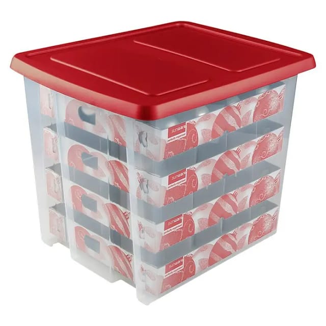 Sunware Weihnachtsbox Nesta 45L mit Einsatz für 64 Kugeln transparent rot