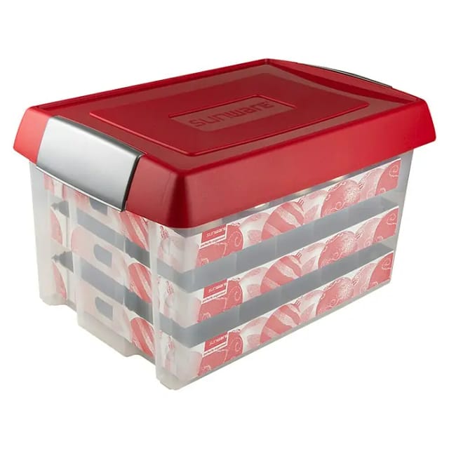 Sunware Weihnachtsbox Nesta 60L mit Einsatz für 60 Kugeln transparent rot