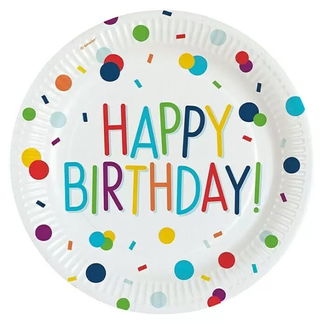 Papierteller Confetti Birthday Happy Birthday, 8 Stück, rund 23 cm