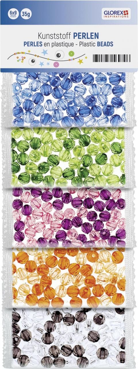 Glorex Kunststoff Perlen transparent 50 g, bunt, 6mm