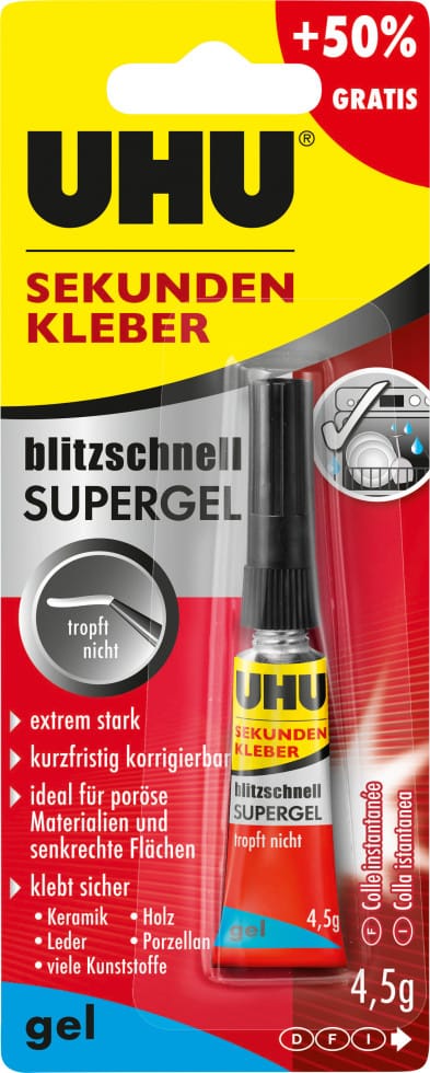 UHU Sekundenkleber blitzschnell Supergel 4,5 g - 3 g + 50 % gratis