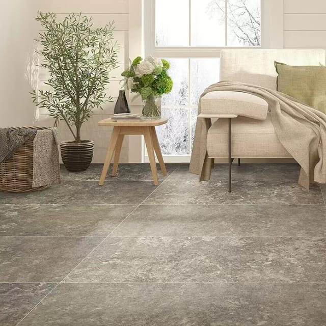 Bodenfliese Feinsteinzeug Travertino teilpoliert rektifiziert 60 x 120 cm cafe