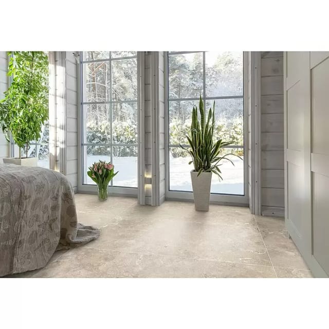 Bodenfliese Feinsteinzeug Travertino teilpoliert rektifiziert 60 x 120 cm crema