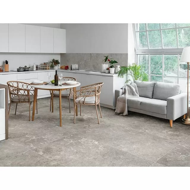 Bodenfliese Feinsteinzeug Travertino teilpoliert rektifiziert 60 x 120 cm gris