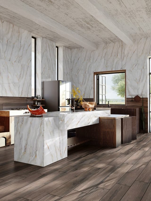 Bodenfliese Feinsteinzeug Alabaster Cleo Light 60 x 120 cm weiß/gold