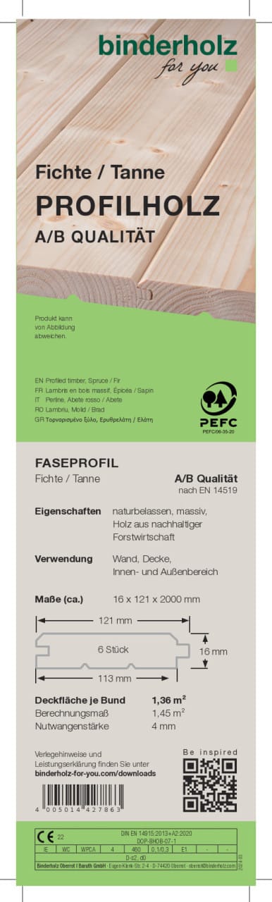 Profilholz Fichte Tanne A B-Sortierung Faseprofil 200 x 12,1 cm 16 mm