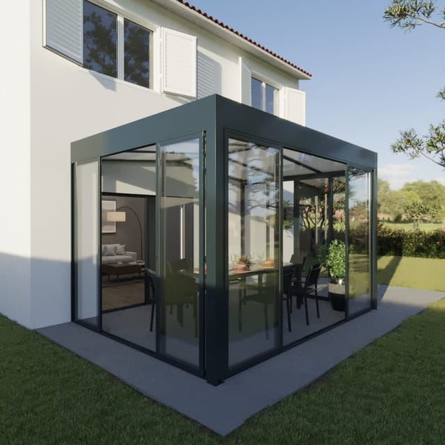 Wintergarten Modern 500 x 300 cm mit Glasschiebetüren grau