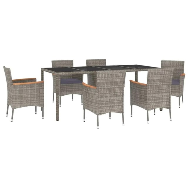 vidaXL 7-tlg Garten-Essgruppe mit Kissen Grau Poly Rattan Modell 24