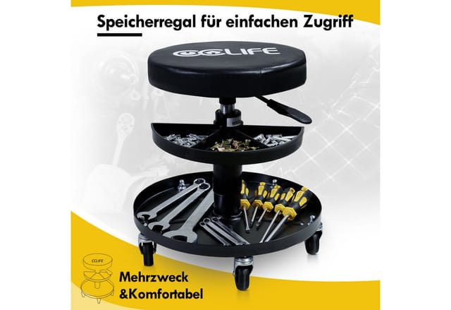CCLIFE Werkstatthocker Mit Rollen Höhenverstellbar Werkstattstuhl Werkstatt Rollhocker 380-500mm 2 Ablagen 150kg
