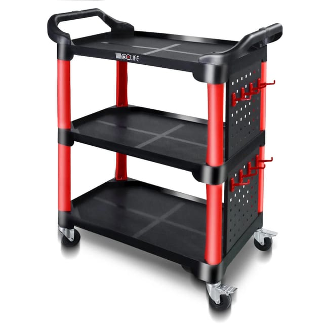 CCLIFE Werkstattwagen Werkzeugwagen Bestückt 87x43x66cm Werkstatt Rollwagen mit 3 Etagen Zwei Werkzeugtafeln und 8 Haken Tragkraft 150 kg