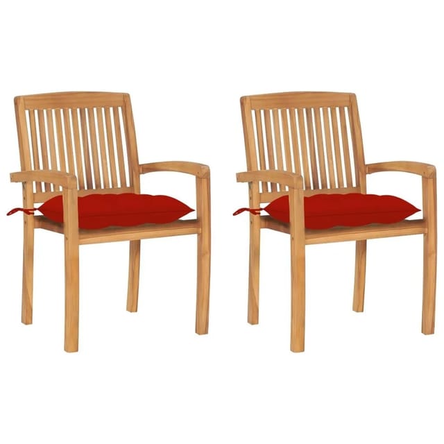 vidaXL Gartenstühle 2 Stk mit Roten Kissen Massivholz Teak 3063273
