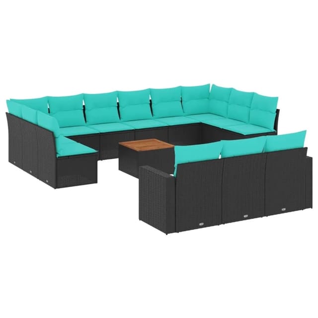 vidaXL 14-Tlg Garten-Sofagarnitur mit Kissen Schwarz Poly Rattan 3256694