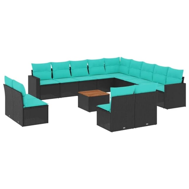 vidaXL 14-Tlg Garten-Sofagarnitur mit Kissen Schwarz Poly Rattan 3256708