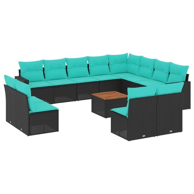 vidaXL 13-Tlg Garten-Sofagarnitur mit Kissen Schwarz Poly Rattan 3256701