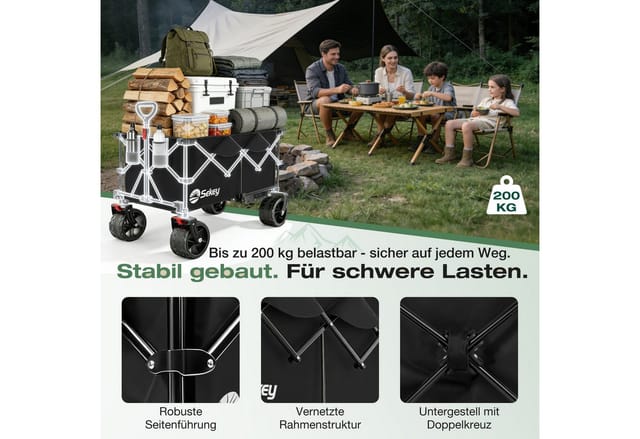 Sekey XXL Plus Bollerwagen Faltbar mit Breiten All-Terrain-Rädern 200KG 200L Grau