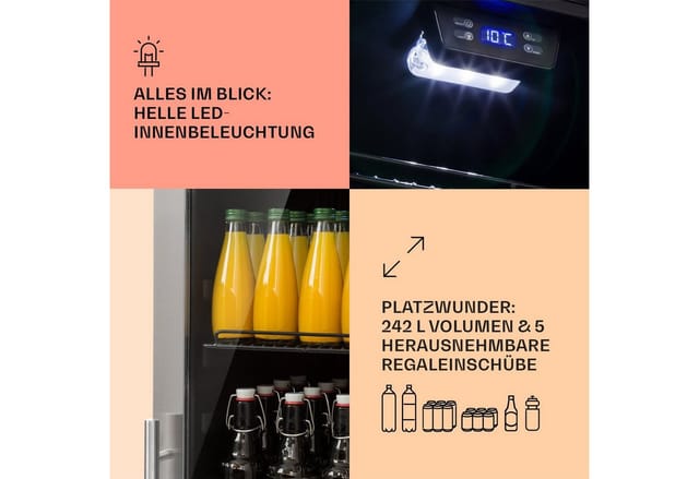 Beersafe 7XL Kühlschrank 242 Liter 5 Böden Panoramaglastür Edelstahl Edelstahl 242 Liter
