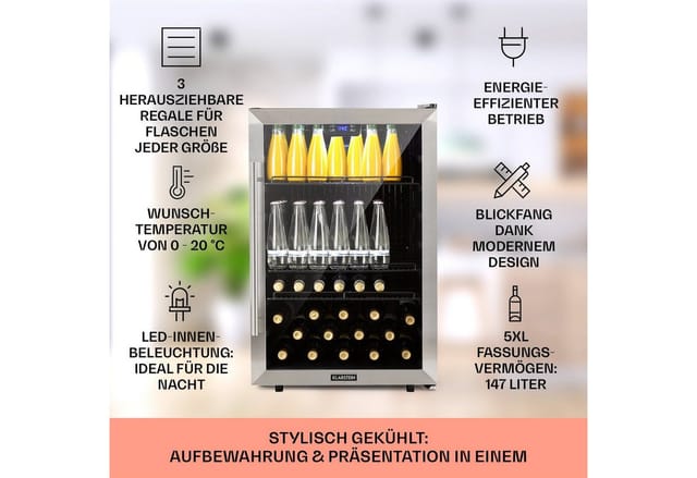Beersafe 5XL Kühlschrank 148 Liter 3 Böden Panoramaglastür Edelstahl Edelstahl 148 Liter