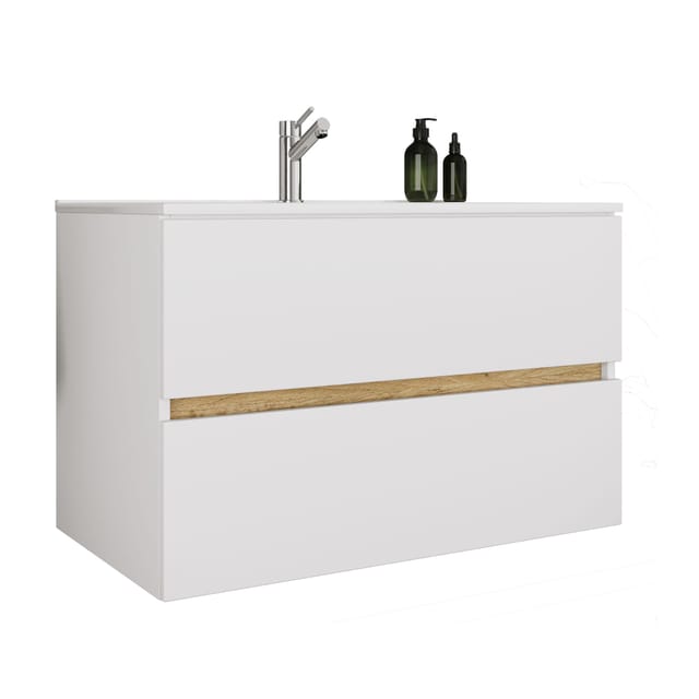 VCM 2-tlg. Waschtisch mit Keramikbecken, Badschrank mit 2 Softclose-Schubladen, Maße Waschplatz Set: H. 51 x B. 81 x T. 47 cm, Cosila-I