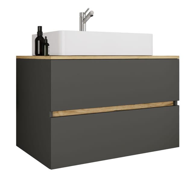 VCM 2-tlg. Waschtisch mit Keramik Aufsatzbecken, Badschrank mit 2 Softclose-Schubladen, Maße Waschplatz Set: H. 51 x B. 80 x T. 47 cm, Cosila-A