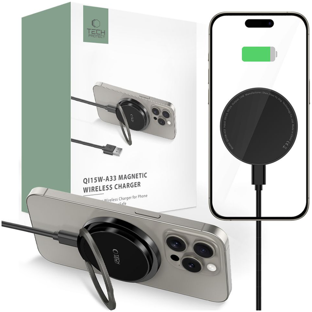 Tech-Protect QI15W-A33 Inductive Charger with MagSafe and Stand with USB-A / USB-C Cable - Black