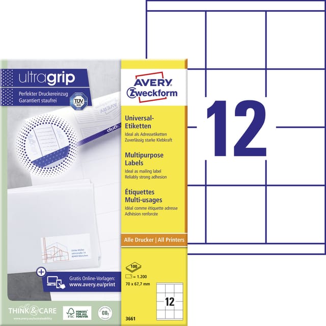 Zweckform 3661 Universal-Etiketten, A4 mit ultragrip, Adressaufkleber, 70 x 67,7 mm, 100 Bogen/1.200 Etiketten, weiß