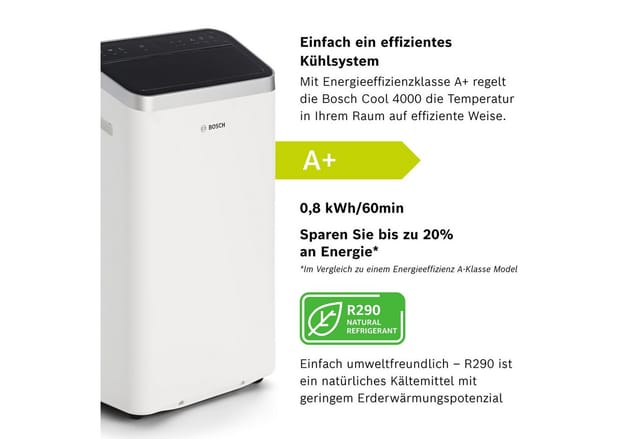 BOSCH 3-in-1-Klimagerät Cool 4000 - 3-in-1 Klimaanlage, Luftentfeuchter, Ventilator, Entfeuchtung bis zu 50 l/Tag, für Räume bis zu 35m²