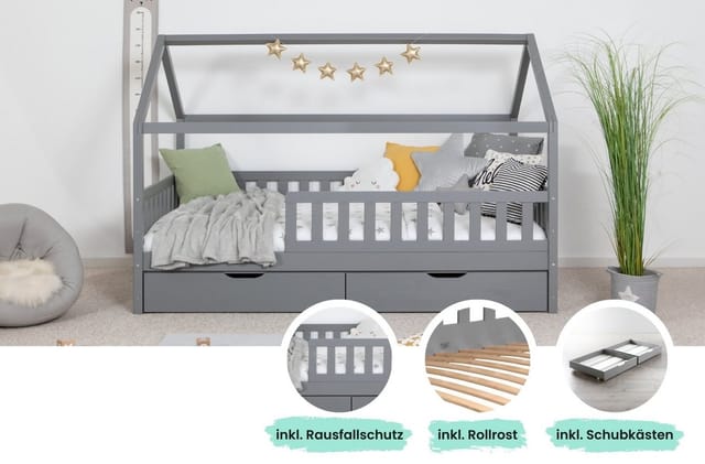 Ticaa Hausbett Kay mit Rausfallschutz und Schubkasten aus Kiefer, Kinderbett 90x200, inkl. Dach, mit Rollrost