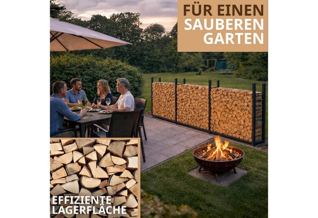 LAWA Living and Lifestyle Kaminholzregal außen Metall 25cm tief Stapelhilfe Brennholz Garten verzinkt schwarz, BxTxH:335.00x25.00x115.00 cm, verzinkt, wetterfest