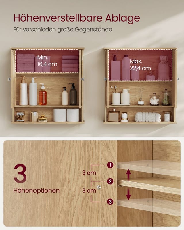 VASAGLE Spiegelschrank Badschrank, Wandschrank, Hängeschrank, Wandmontage mit 2 Spiegeltüren und offenem Fach, 56.5 cm x 58.5 cm x 13 cm