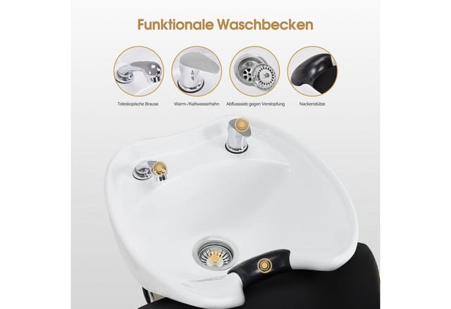 Barberpub Waschbecken BarberPub Friseurstuhl mit Waschbecken Friseurwaschsessel 8675, Klappbare Beinstütze, Friseurwaschbecken aus Keramik Verstellbar