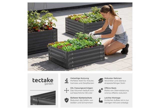 tectake Hochbeet stabiler Gemüsekasten aus verzinktem Stahl, mit offenem Boden (Pflanzkasten Salvia, in grau, 130 L), sicher, witterungsbeständig, inklusive Arbeitshandschuhe