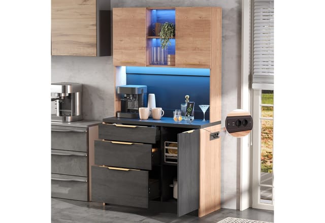 Flieks Küchenbuffet mit Steckdosen und LED-Beleuchtung, Holzoptik&Zementstrukturoptik (1-St., 100×40×180 cm) Küchenschrank Hochschrank mit schwarzer Arbeitsplatte und Schubladen