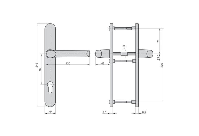 BASI Türbeschlag Schmalrahmen-Garnitur PZ 92/8 mm, AluTürbeschlag (Packung), Weiß, für 45-82 mm Türstärke, rundes Langschild, PZ-Lochung