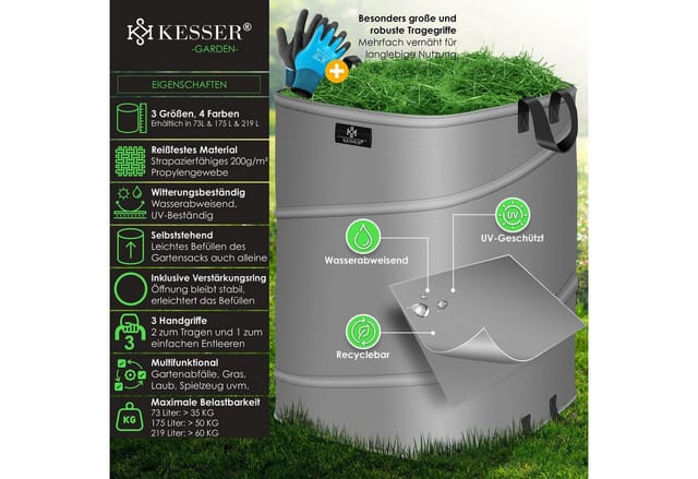 KESSER Gartensack, 175 l, (1-tlg), Pop-Up-Gartensack Laubsack Gartenabfallsack inkl. Handschuhe