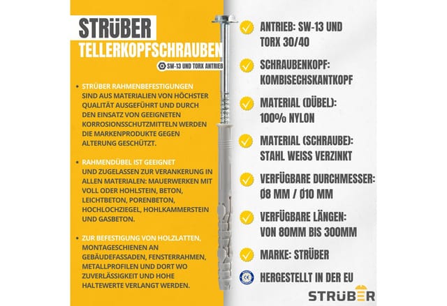 STRÜBER Schrauben- und Dübel-Set Rahmendübel mit Sechskantschraube und Scheibenkopf mit SW/TX-Buchse