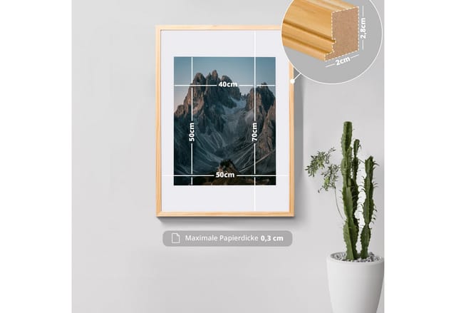 KHG Bilderrahmen 50x70 cm Natur, für 1 Bilder (stabile Glasfront, MDF-Holz-Rahmen foliert & Passepartout, 1 St), Premium-Rahmen für Fotos, Poster, Zertifikate & Collagen