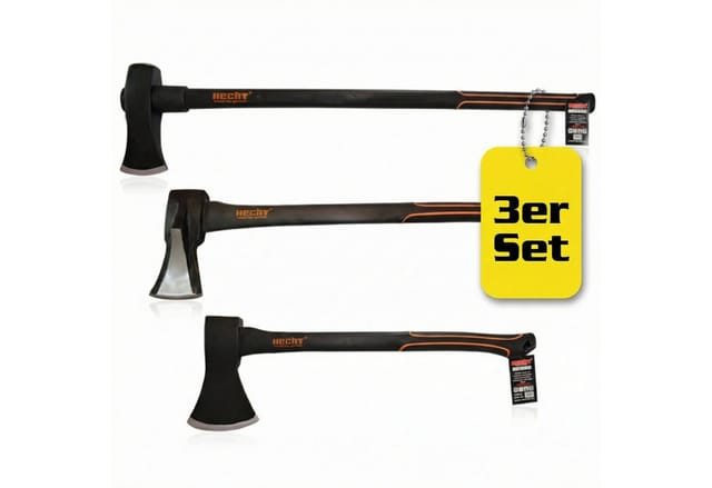 Hecht Axt 55cm Axt 63cm & 85cm Spaltaxt Set, (3-St), Fiberglaskern, mit Gummischutzlippe