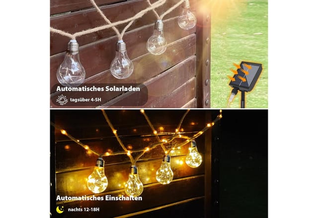 Salcar LED Solarleuchte Lichterkette Outdoor Solar Vintage Hanfseil Glühbirne Warmweiß, LED, Wetterfest 8 Modi