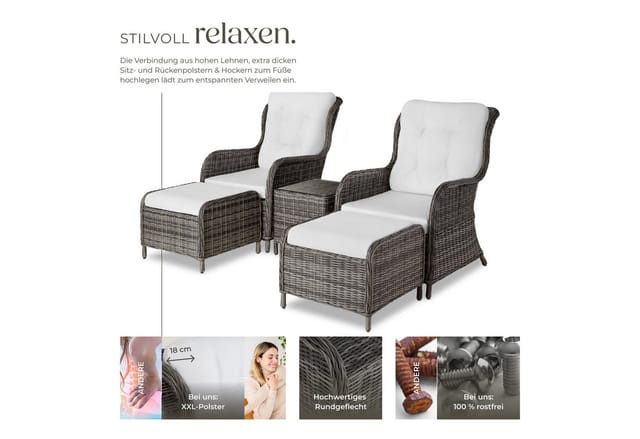 tectake Sitzgruppe Aluminium Rattan Gartenlounge für 2 bis 4 Personen, kein Aufbau, (Loungeset Benissa, 5-tlg., für Außen in Grau), wetterfest und UV-beständig, gepolstert, mit Sicherheitsglasplatte