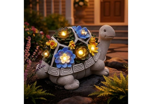 Spetebo LED Dekofigur Gartenfigur Schildkröte mit leuchtenden Blumen, Solar, LED fest integriert, warm weiß, Gartendeko Tierfigur warm weiß beleuchtet für Außen