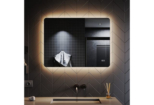 SONNI Badspiegel Spiegel mit dreifarbigem LED-Licht, 80 x 60 cm, Lichtspiegel, Einstellbare Helligkeit, Badezimmerspiegel, Touch-Schalter