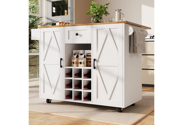 KLAM HOME Kücheninsel Küchenschrank mit Snackregalen und Stretchfunktionsschränken, für Esszimmer, Wohnzimmer, weiß